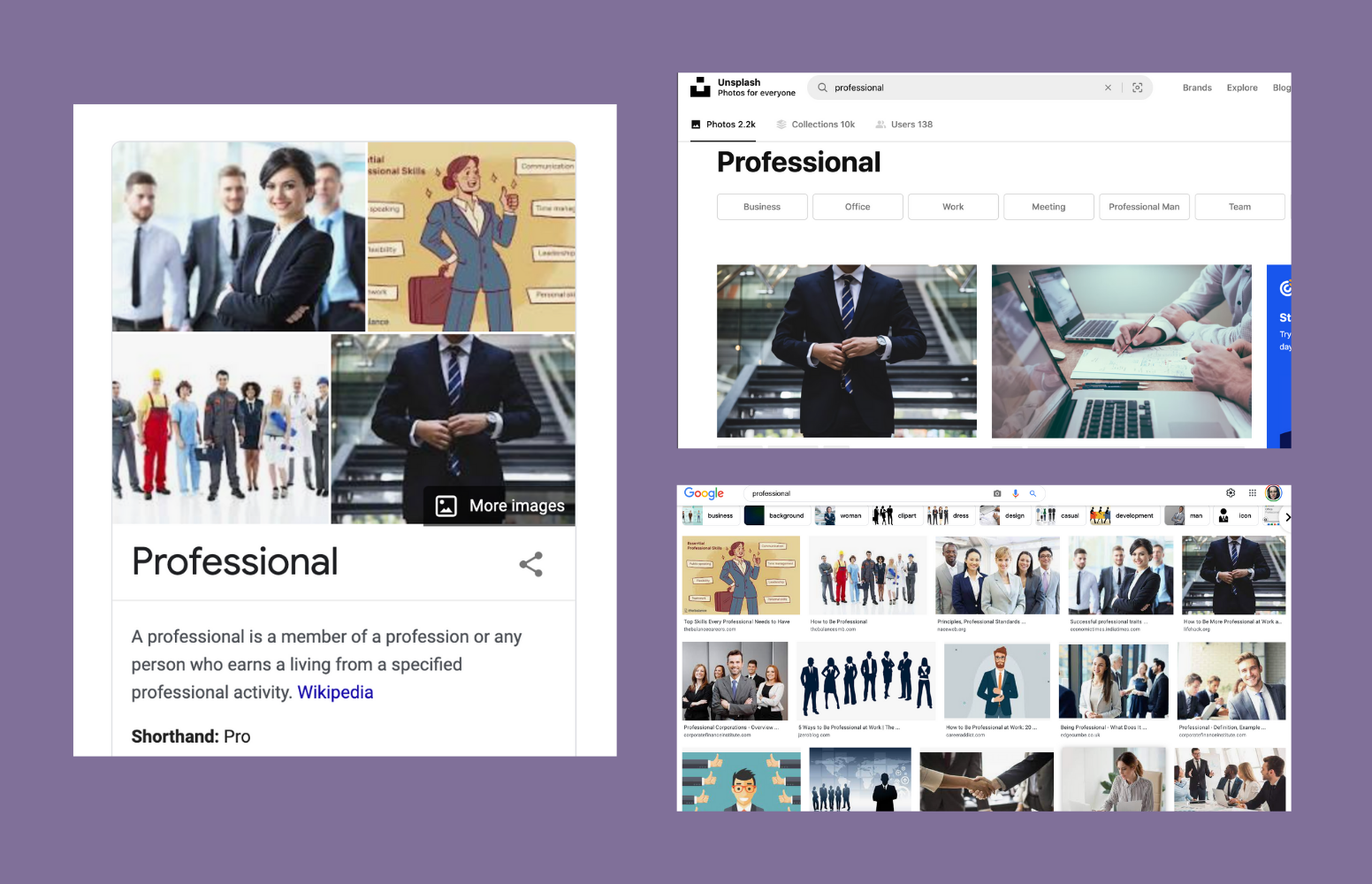 Screenshots of photos of image searches of the word "Professional" showing people in suits, mostly white because Uncle Algo is a biased asshole, on a purple background.