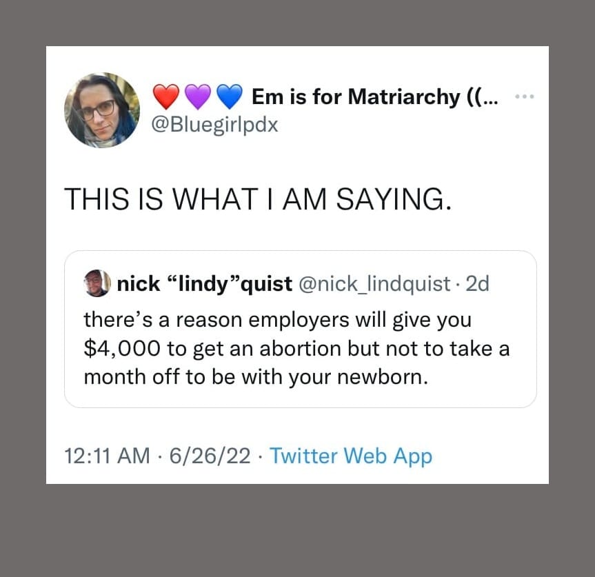 Tweet • Em is for Matriarchy @Bluegirlpdx "THIS IS WHAT I AM SAYING." Tweet from nick "lindy" quist @nick_lindquist "there's a reason employers will give you $4,000 to get an abortion but not to take a month off to be with your newborn." 12:11 AM • 6/26/22 • Twitter Web App